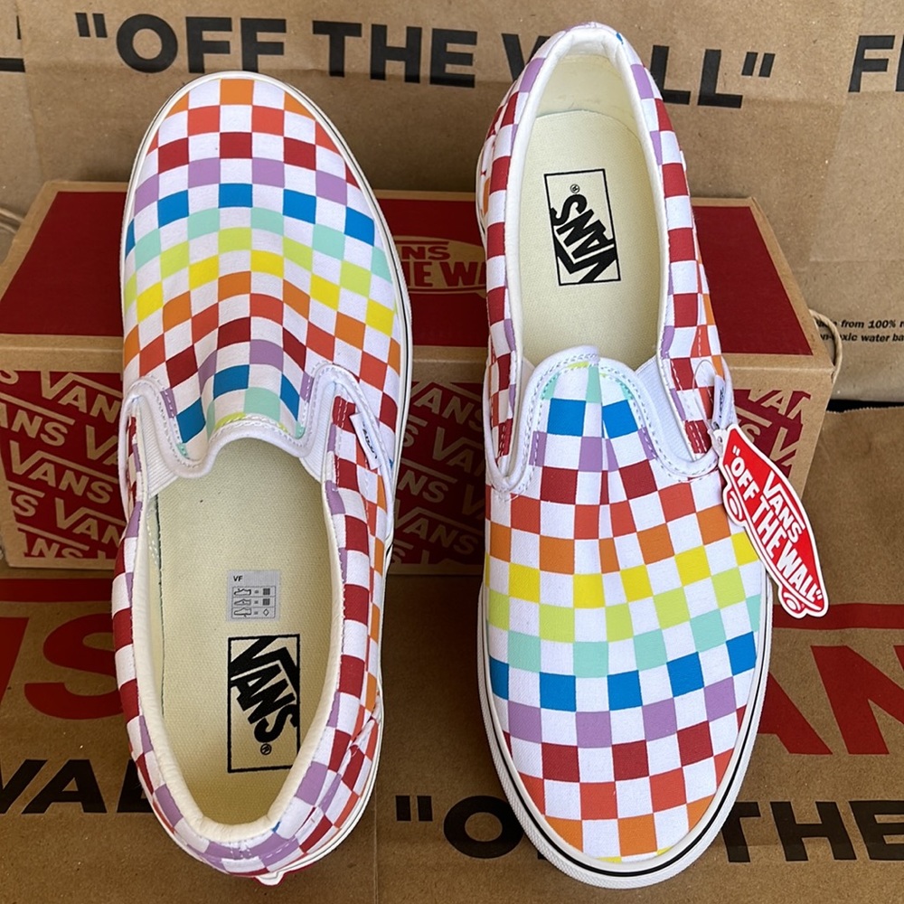 Vans Classic Slip On Checkerboard Rainbow/True White sneakers WMNS - Picture 13 of 16